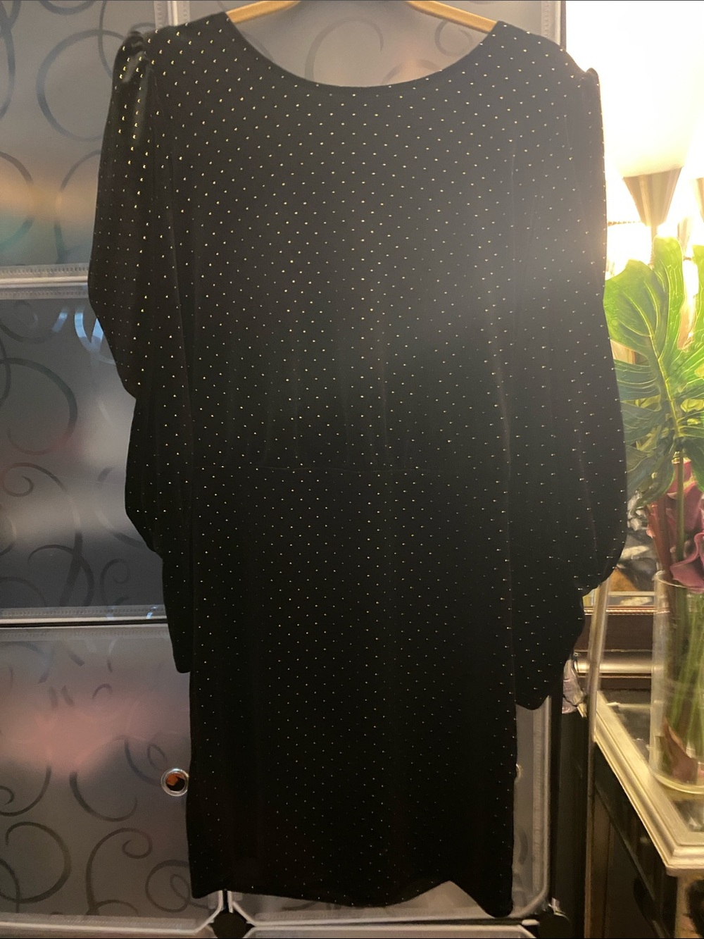Black Velvet Drape Neck Top with Gold Accent